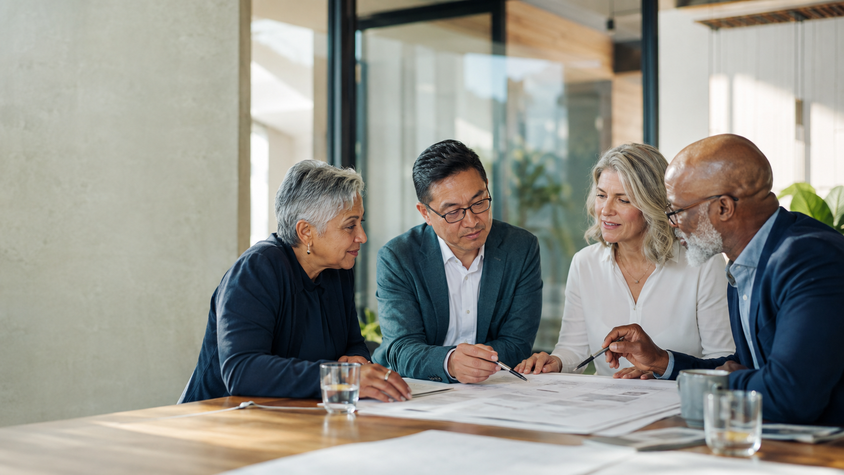 A diverse group of professionals collaborating around a table
